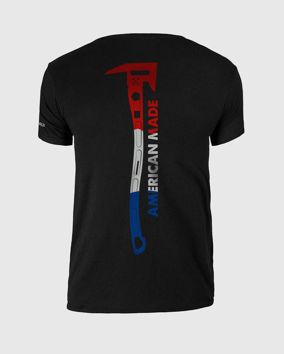 Back of black Men's T-Shirt with A red white and blue Axe image and American Made Written next to the axe: Firefighter Shirt