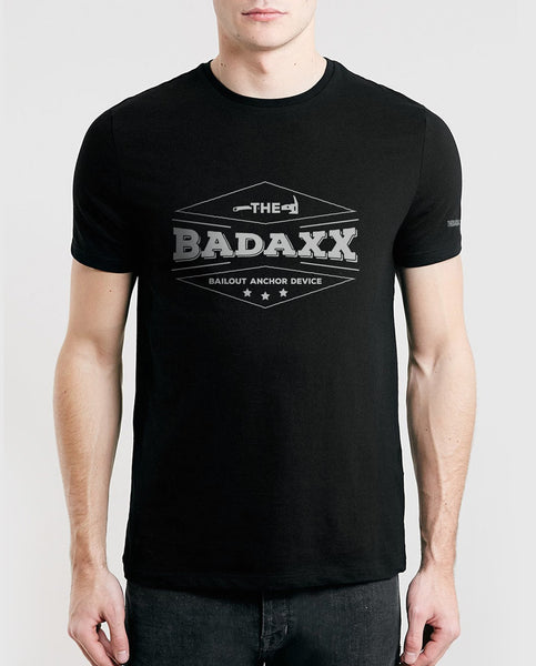 Black Men's T-Shirt with The Badaxx Bailout Anchor Device on the front: Firefighter Shirt