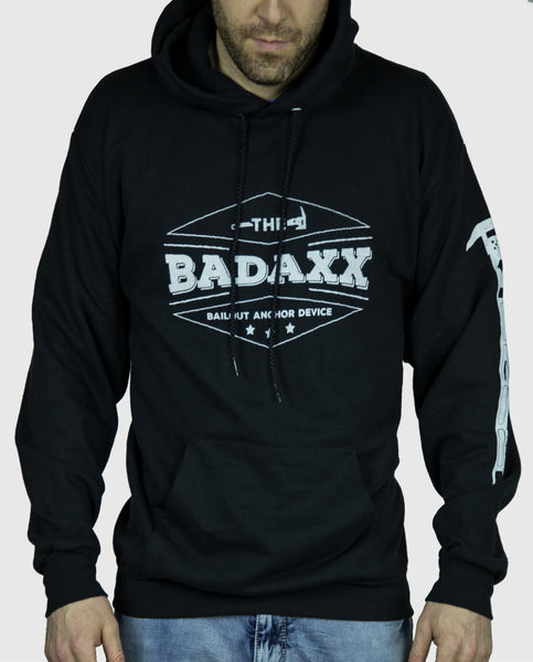 Black Men's Hooded Sweatshirt with the Badaxx Bailout Anchor Device on the front in white and an axe on the sleeve: Firefighter Sweatshirt