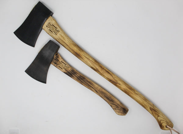 Hatchet with Badaxx Logo, shown next to the Camp Axe