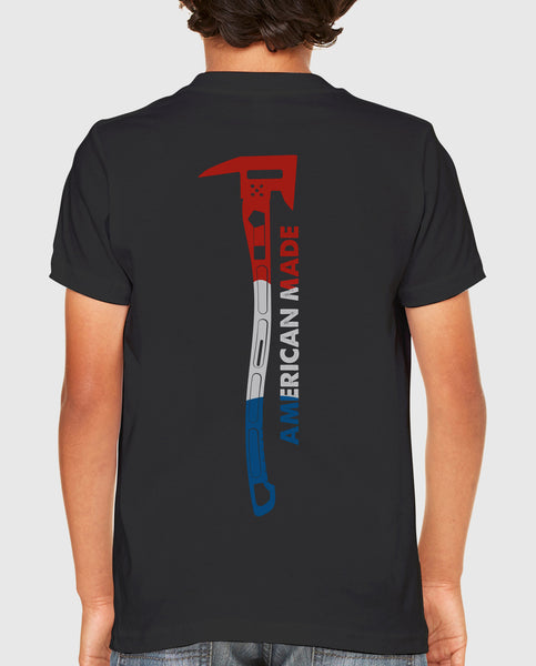 Black Juniors T-Shirt with Red White and Blue Axe and American Made on the back: Firefighter TShirt