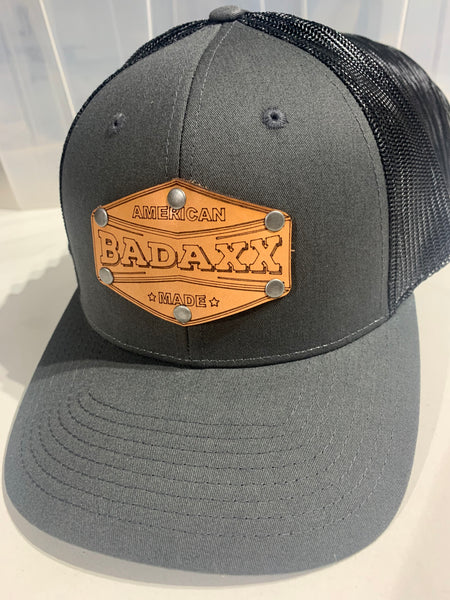 Grey and Black Hat with Brown Leather "Badaxx American Made" Patch: Firefighter hat