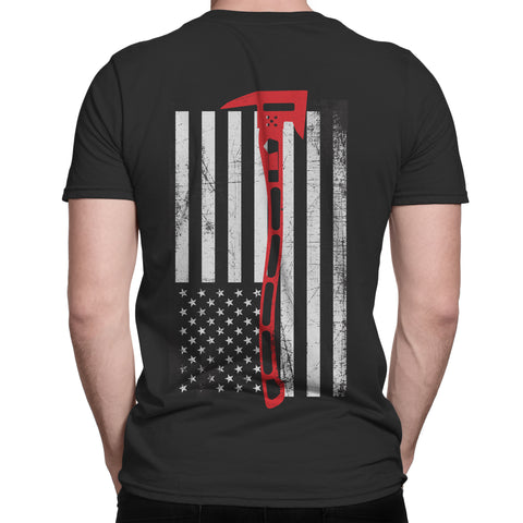 Black Men's TShirt with Thin Red Line Flag made with an Axe: Firefighter Tshirt