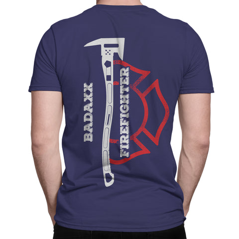 The Badaxx Blue Men's TShirt with Badaxx Firefighter and an Axe on the back